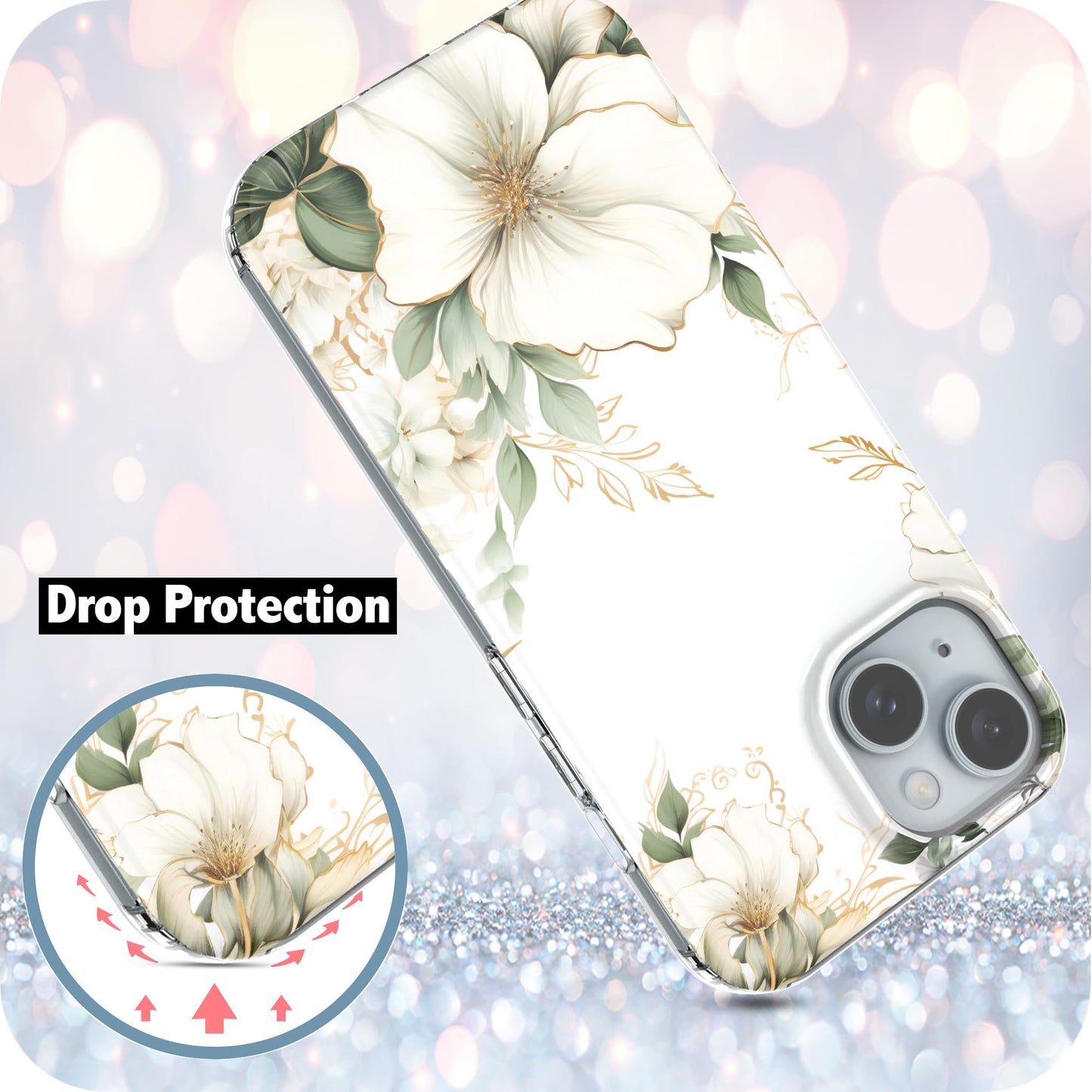 iPhone 15 Case, Anti-Scratch Clear Case - Blooming Roses and Leaf