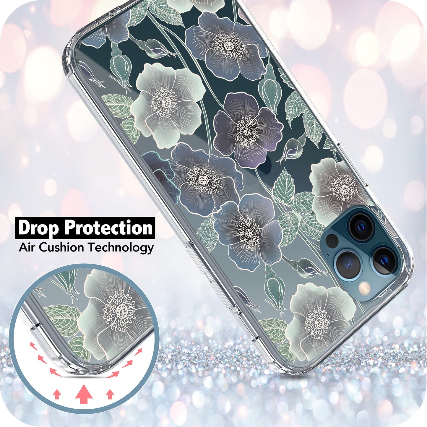 iPhone 12 / iPhone 12 Pro Case, Anti-Scratch Clear Case - Blue Flowers