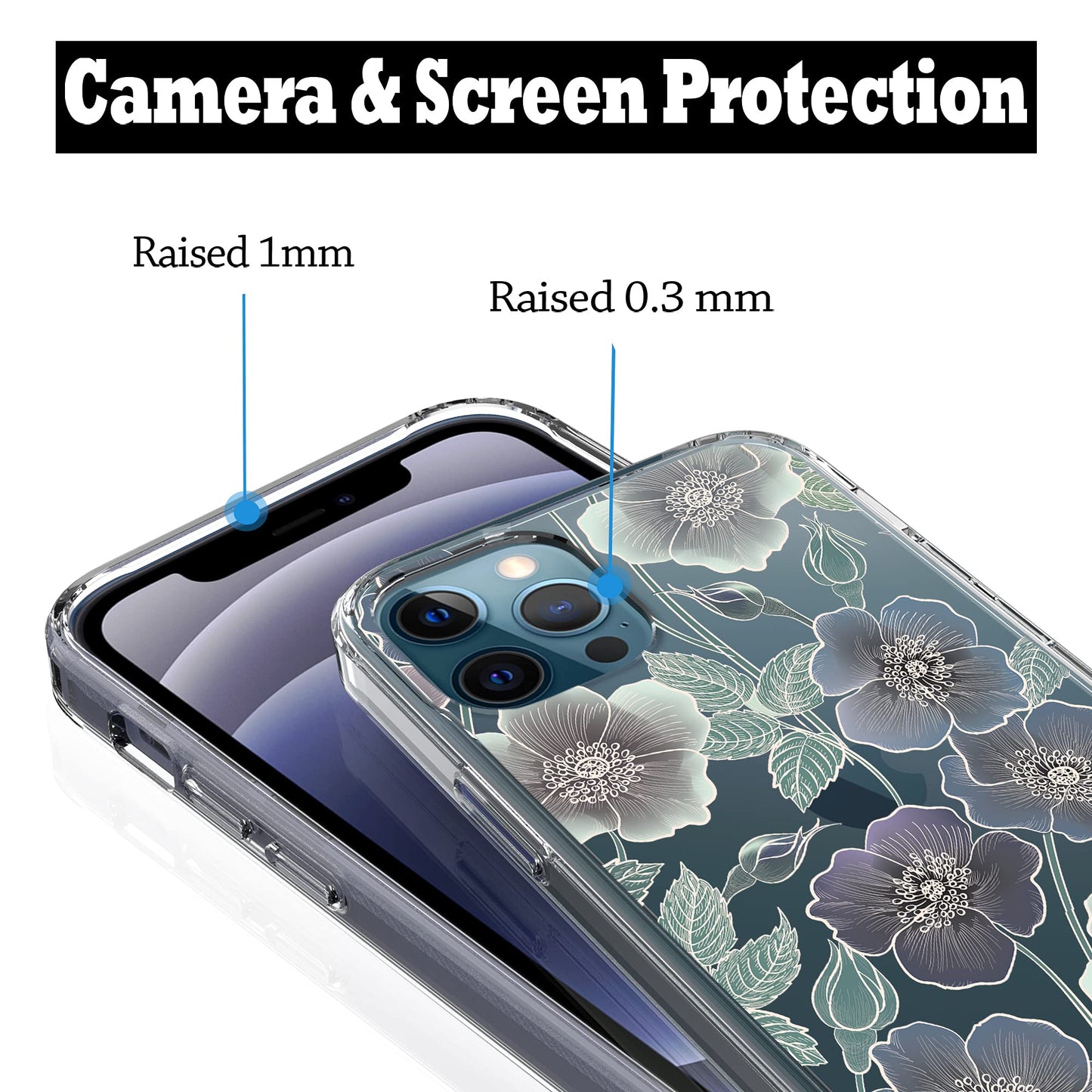 iPhone 12 / iPhone 12 Pro Case, Anti-Scratch Clear Case - Blue Flowers