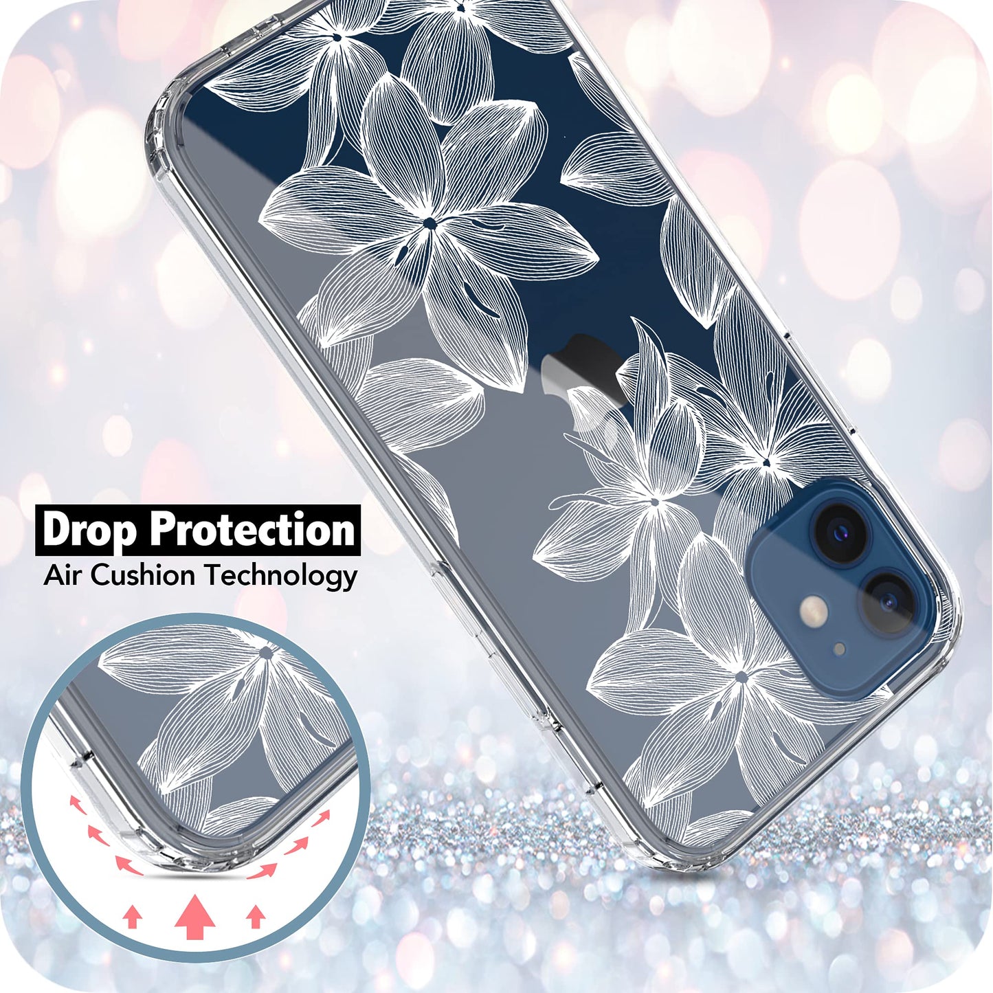 iPhone 12 Mini Case, Anti-Scratch Clear Case - White Flower