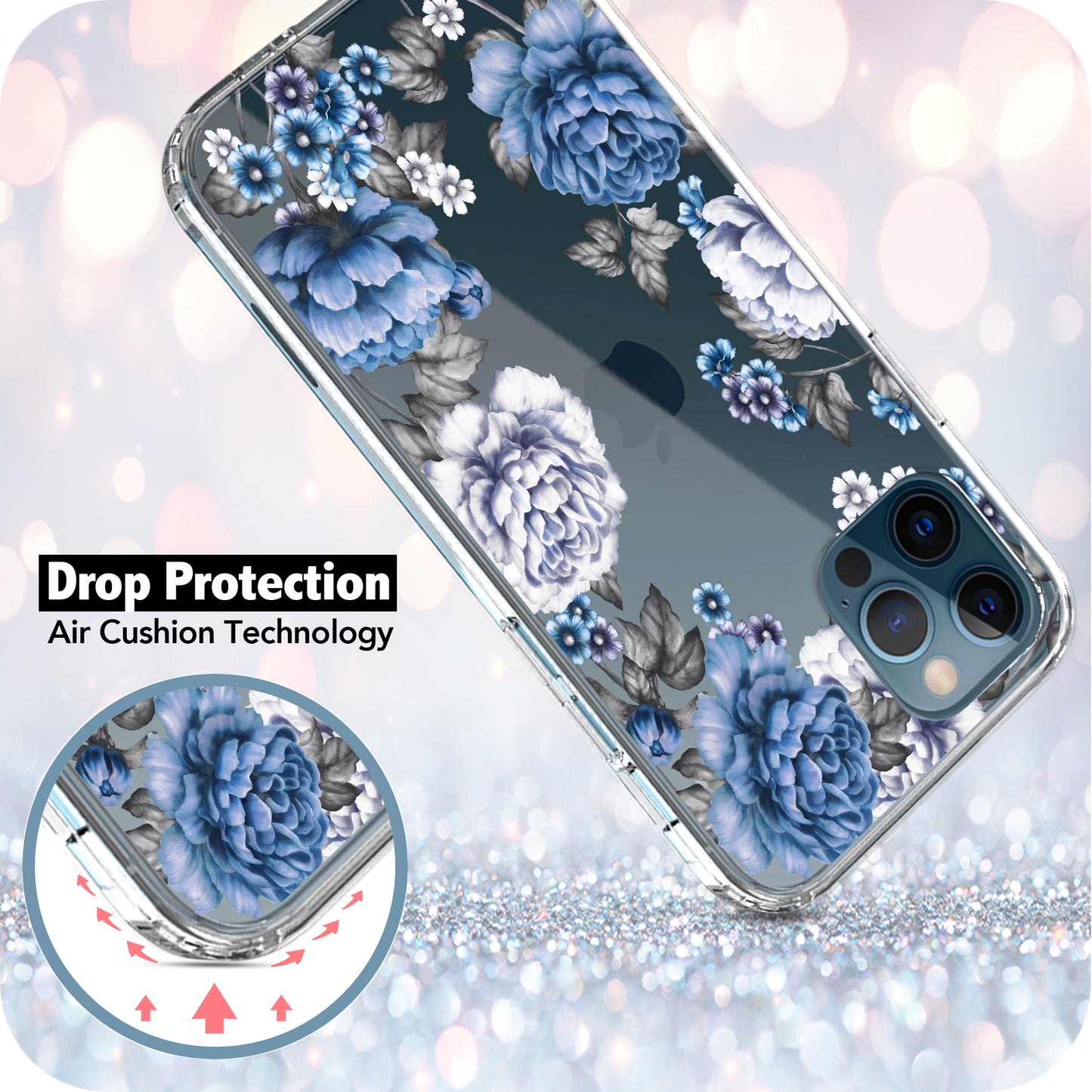 iPhone 12 / iPhone 12 Pro Case, Anti-Scratch Clear Case - Blue Roses