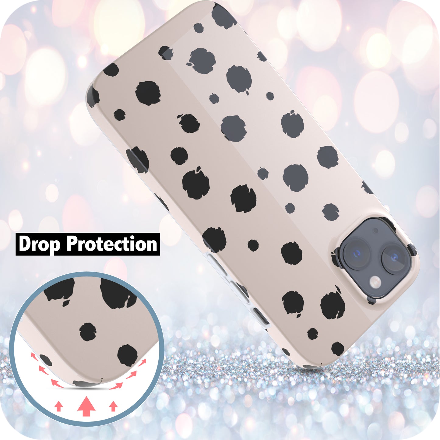 iPhone 13 Case, Ultra Slim Glossy Shockproof Scratch-Proof Case - Vanilla Black Polka Dots