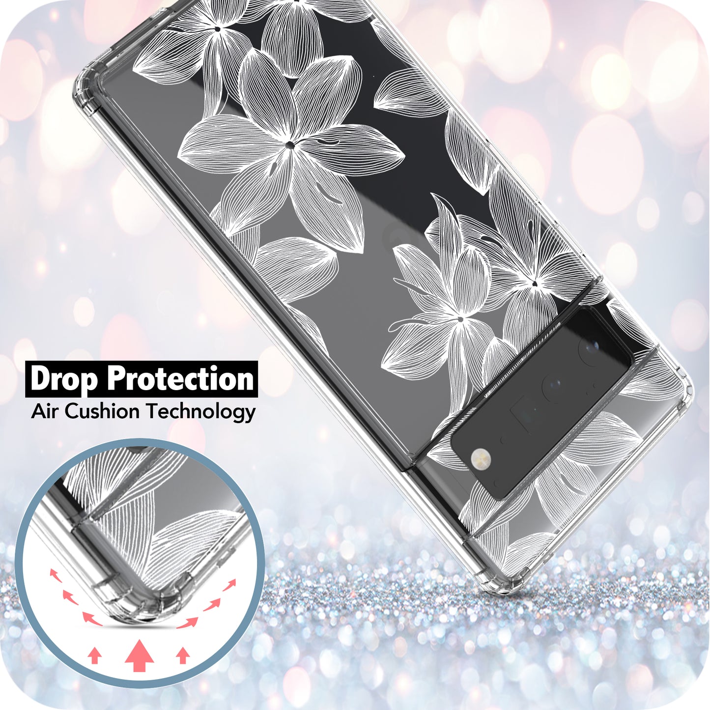 Google Pixel 6 Case, Anti-Scratch Clear Case - White Flower