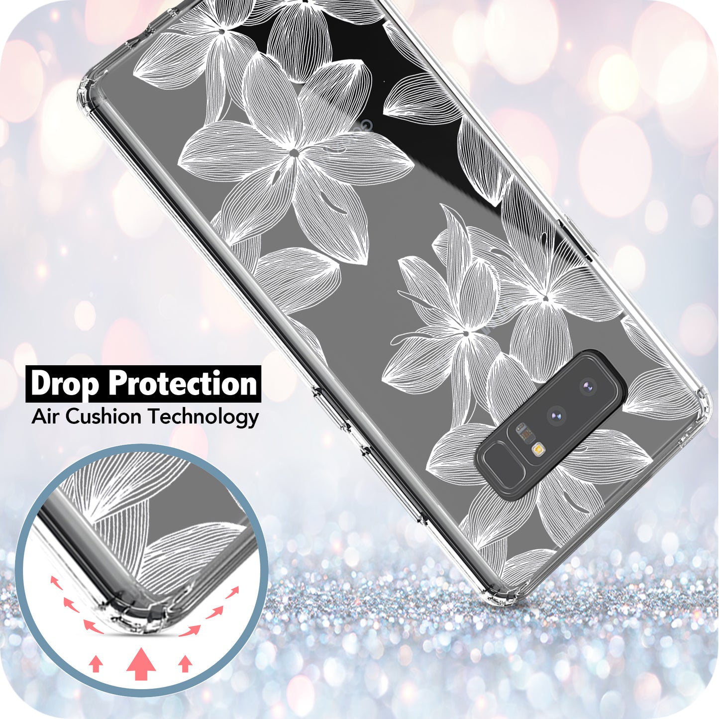 Samsung Galaxy Note 8 Case, Anti-Scratch Clear Case - White Flowers