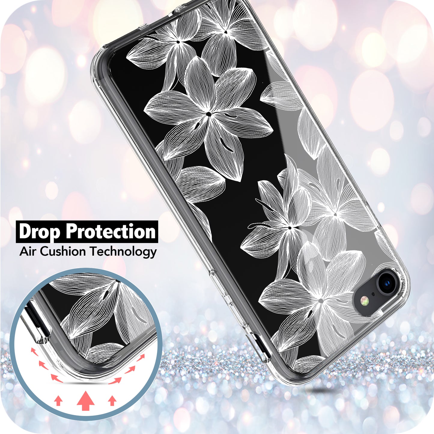 iPhone SE 2022/ SE 2020/ iPhone 8/ iPhone 7 Case, Anti-Scratch Clear Case - White Flower