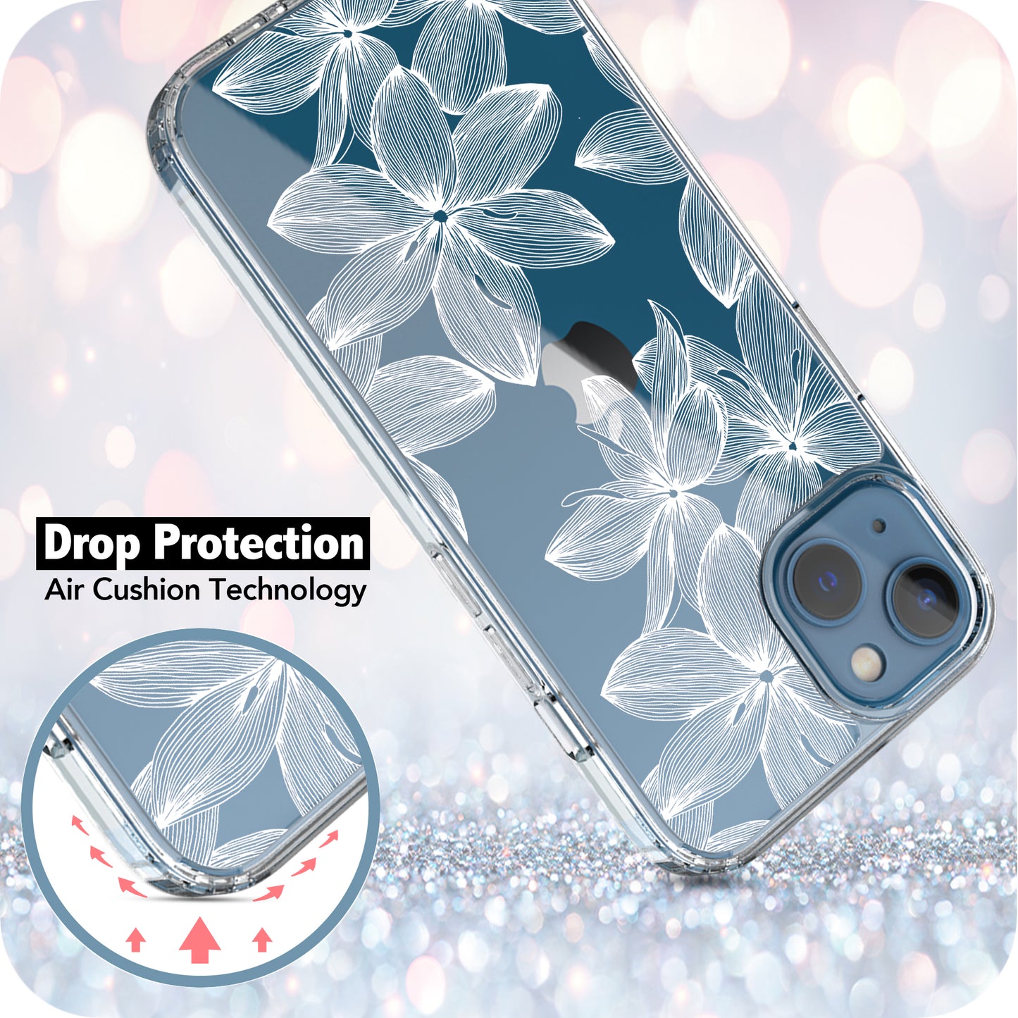 iPhone 13 Case, Anti-Scratch Clear Case - White Flower