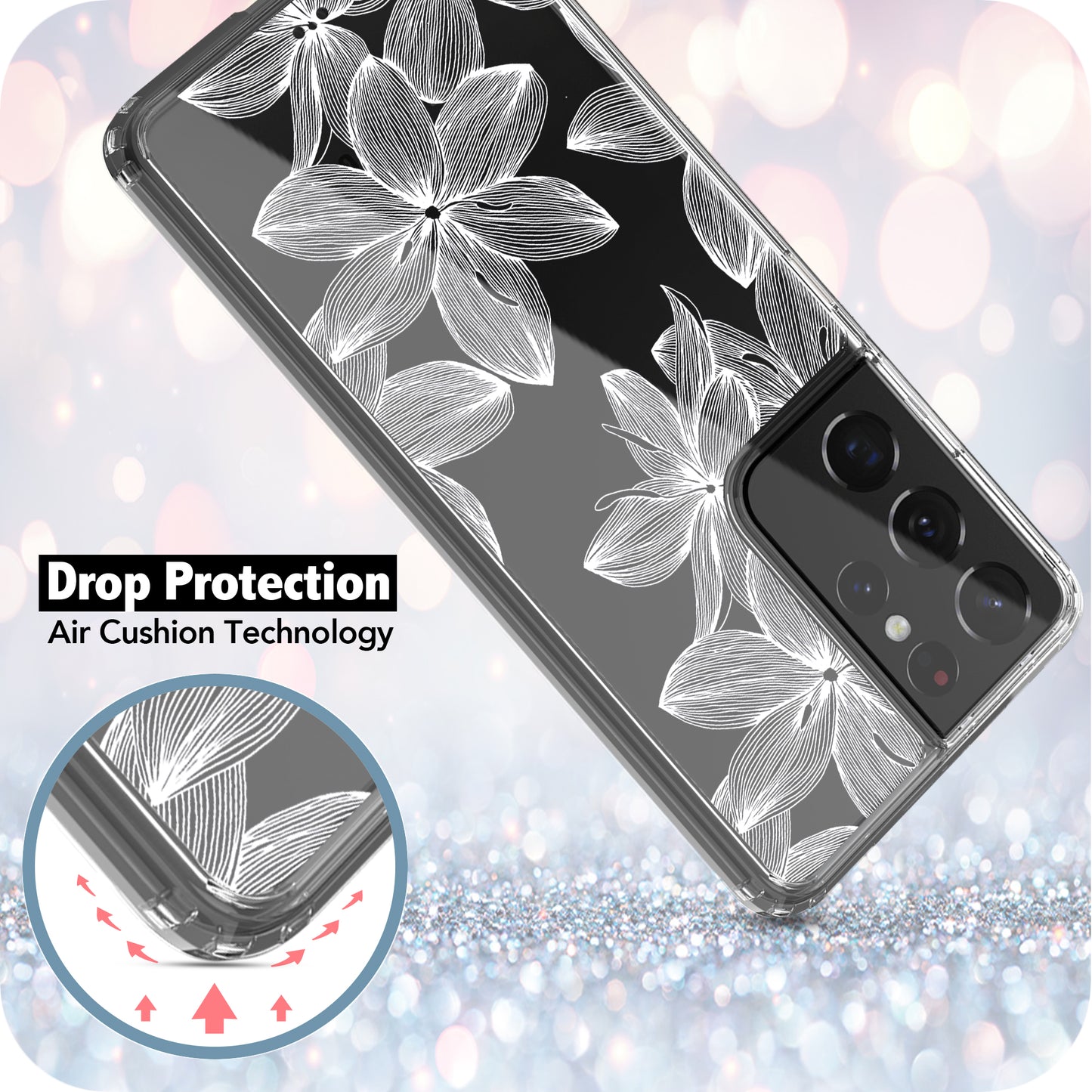 Samsung Galaxy S21 Ultra (5G) Case, Anti-Scratch Clear Case - White Flowers